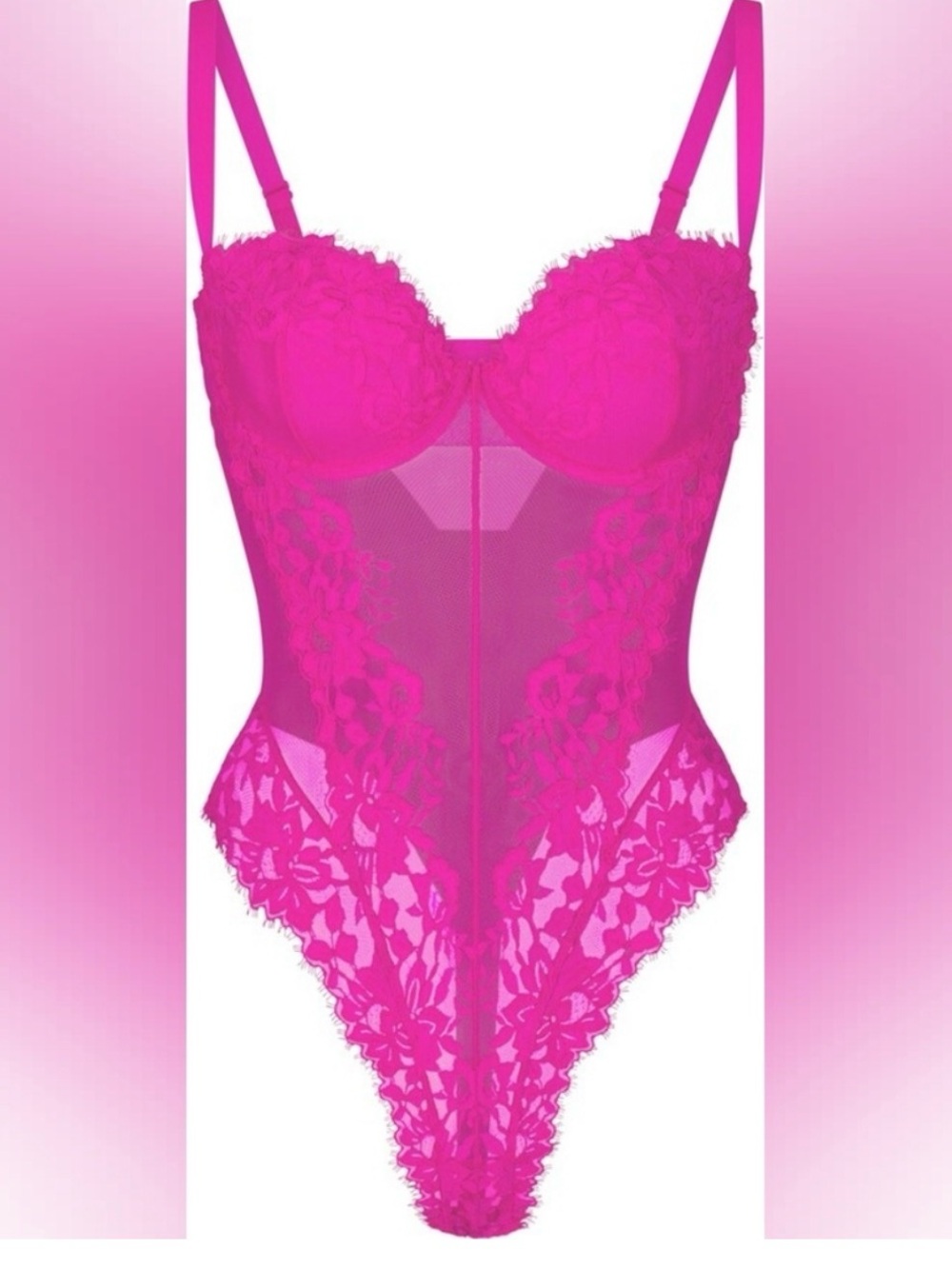 SKIMS FEMME LACE BALCONETTE BODYSUIT IN FUCHSIA XS